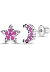 felicitous silver hot pink cubic zirconia moon and star baby birthstone earrings